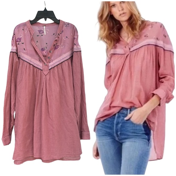 Free People Hearts and Colors Tunic Medium Oversized Cottagecore Lagenlook Fairy - Picture 1 of 16